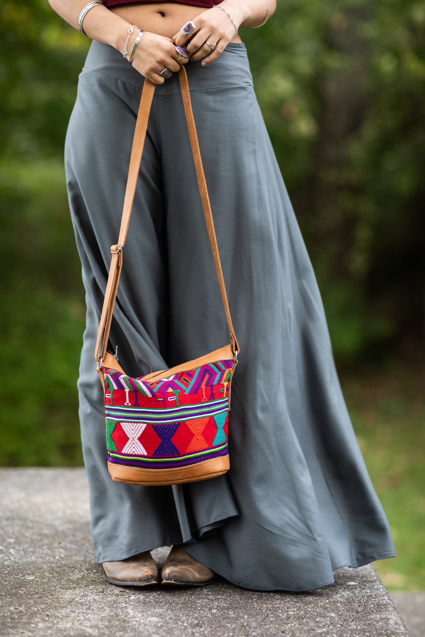 Hippie Crossbody Bag Large size Top Zip Cotton Sling Bag Jacquard cloth  Handmade Bags