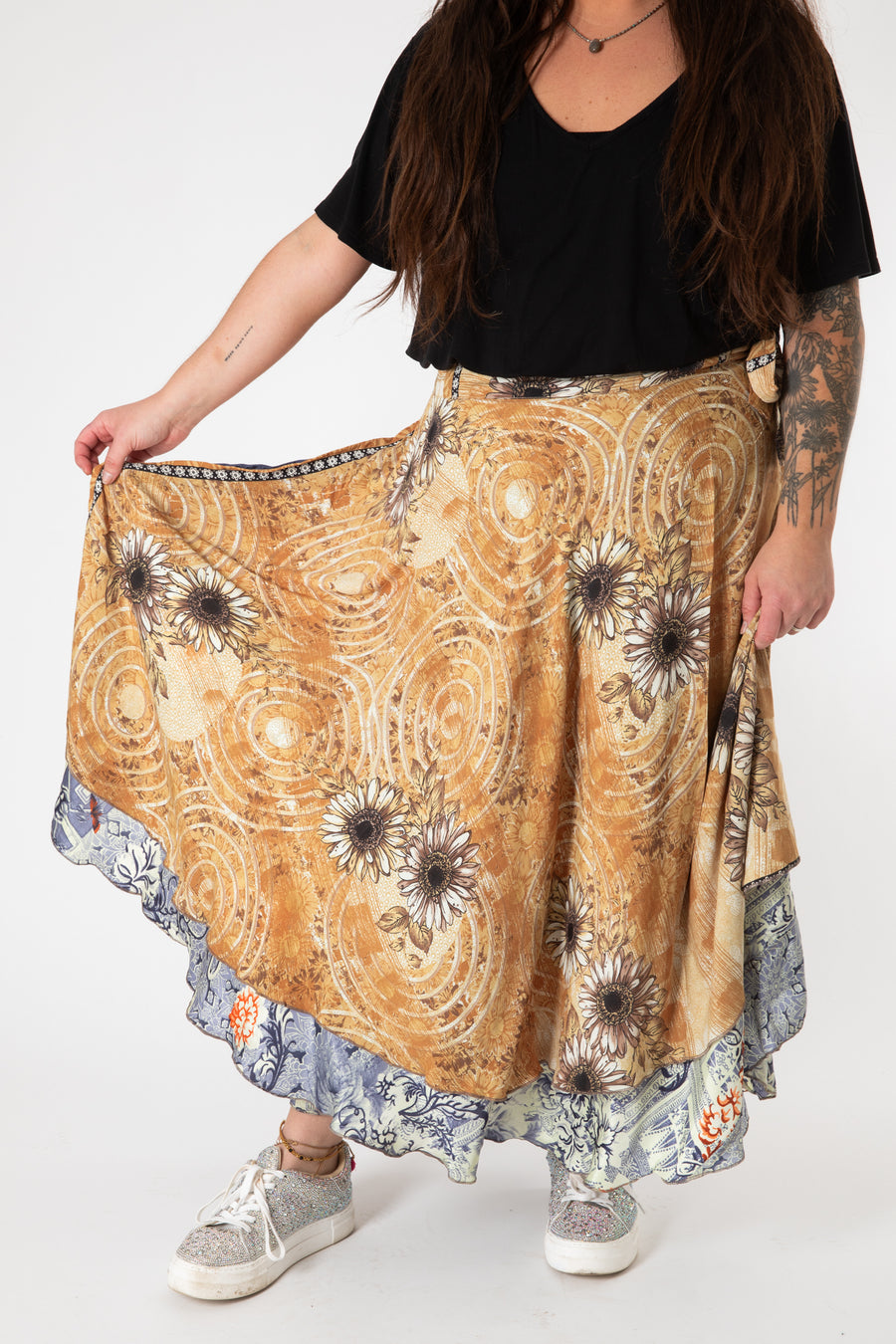 Desiree is wearing sari silk wrap skirt in jack straw