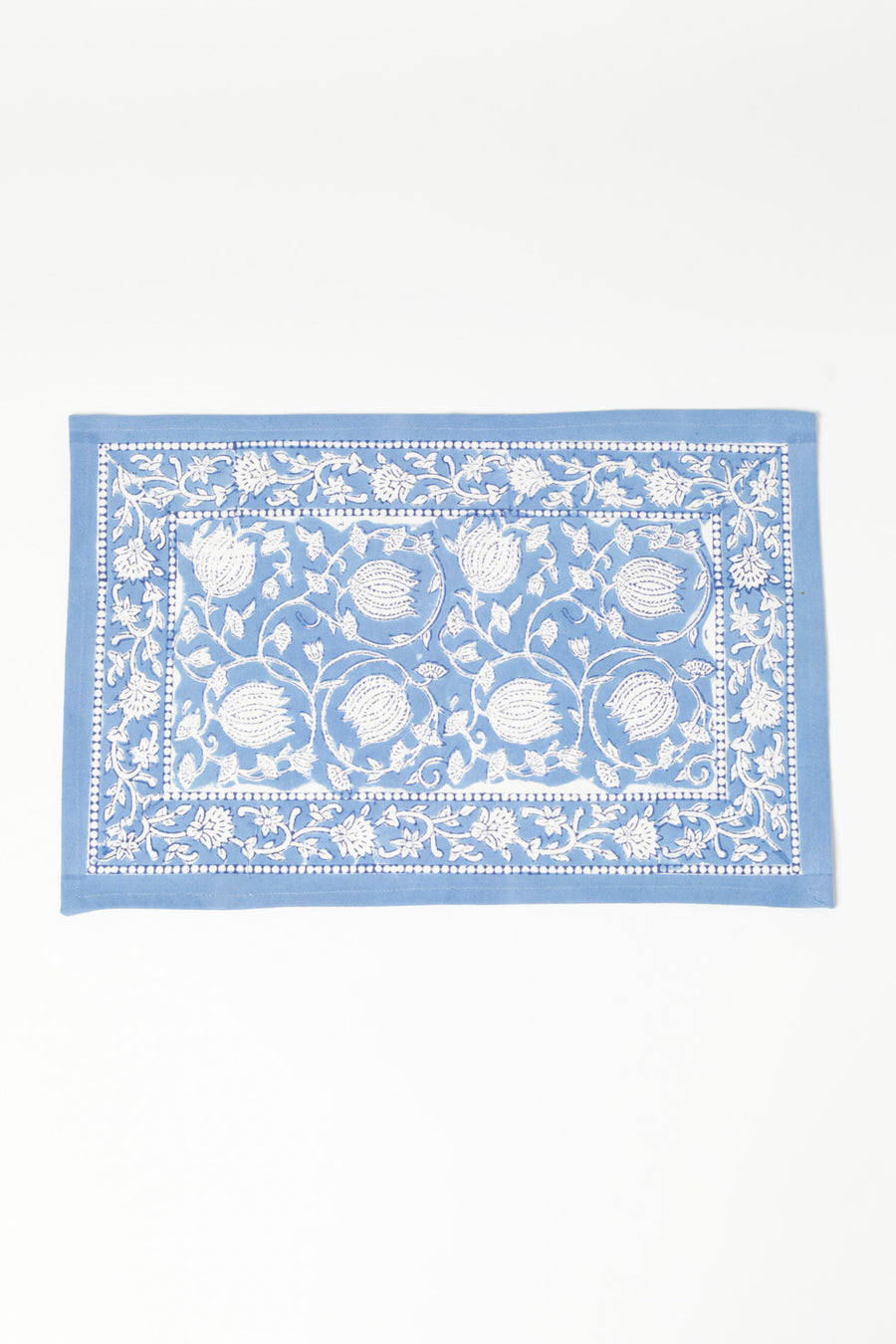 Block print placemat in blue poppies