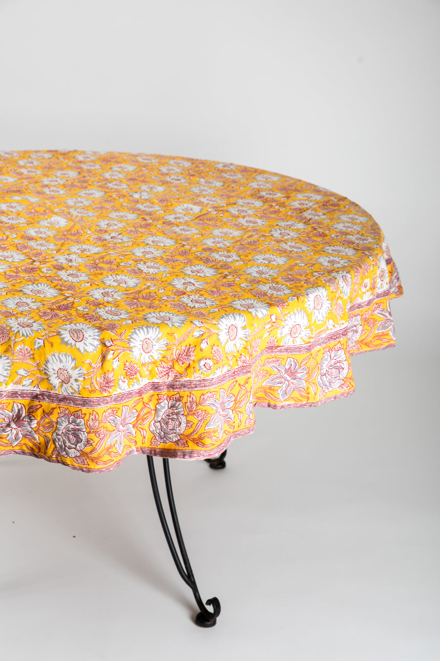 Round block print tablecloth in halcyon daydream