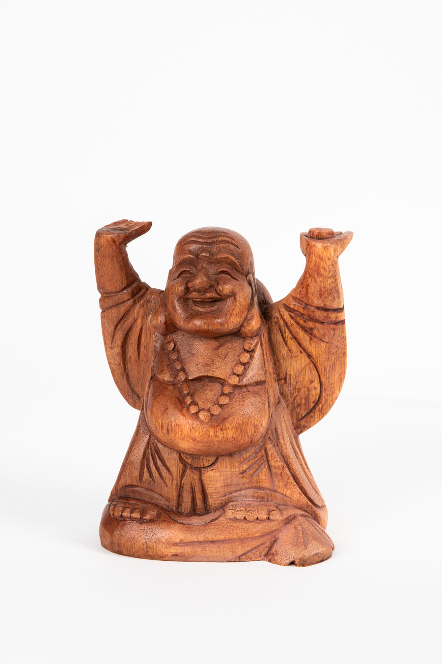 Hotei wooden happy Budai sculpture with raised arms