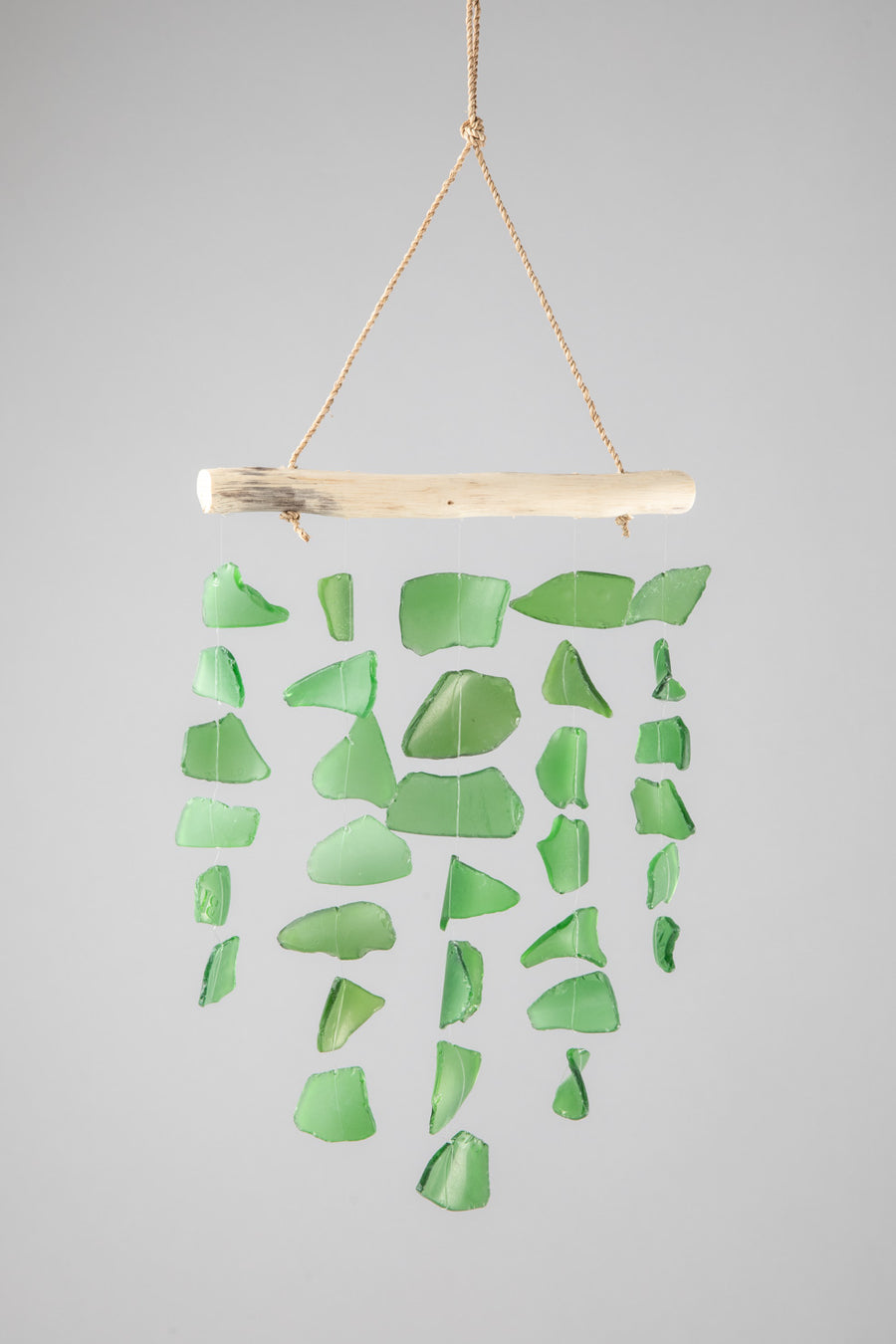 Driftwood sea glass wind chime in green