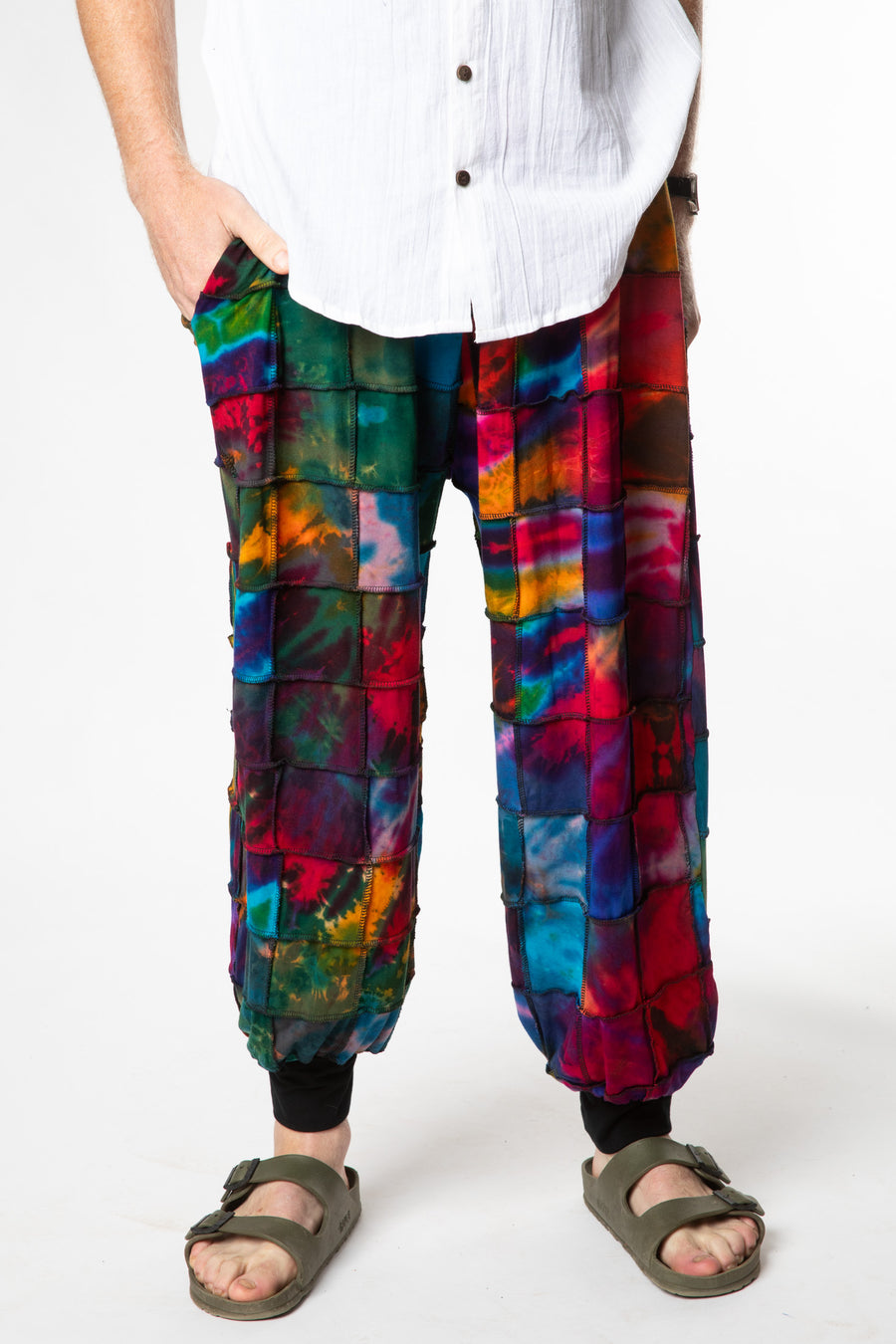 Chauncey is wearing size M/L patchwork tie dye harem pants