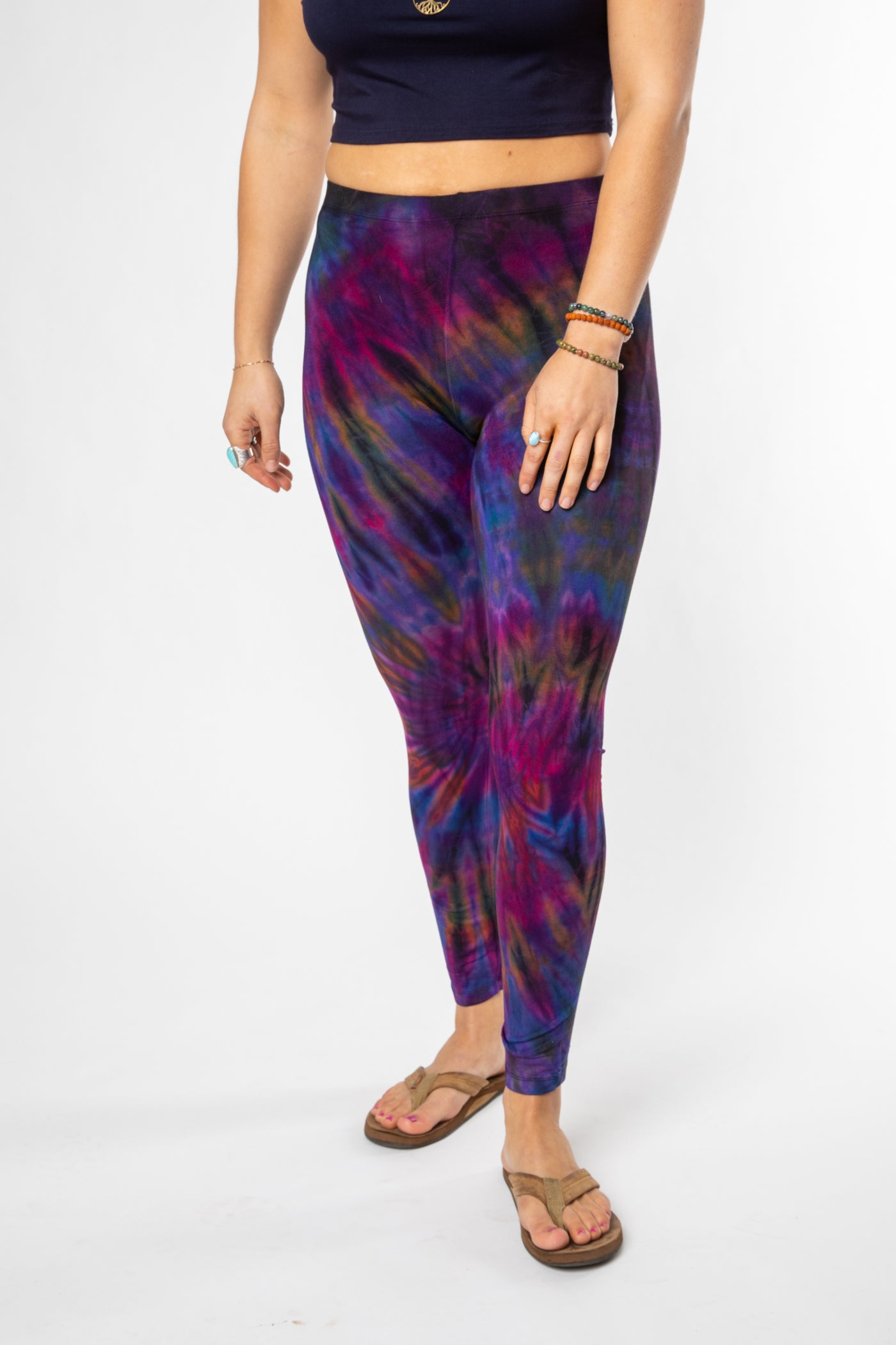 Sophie is wearing size S/M tie dye leggings in purple