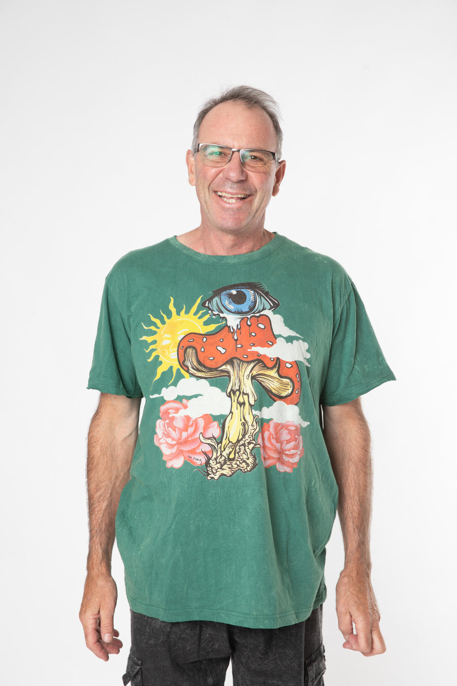 Ross is wearing size L green visions mushroom t shirt