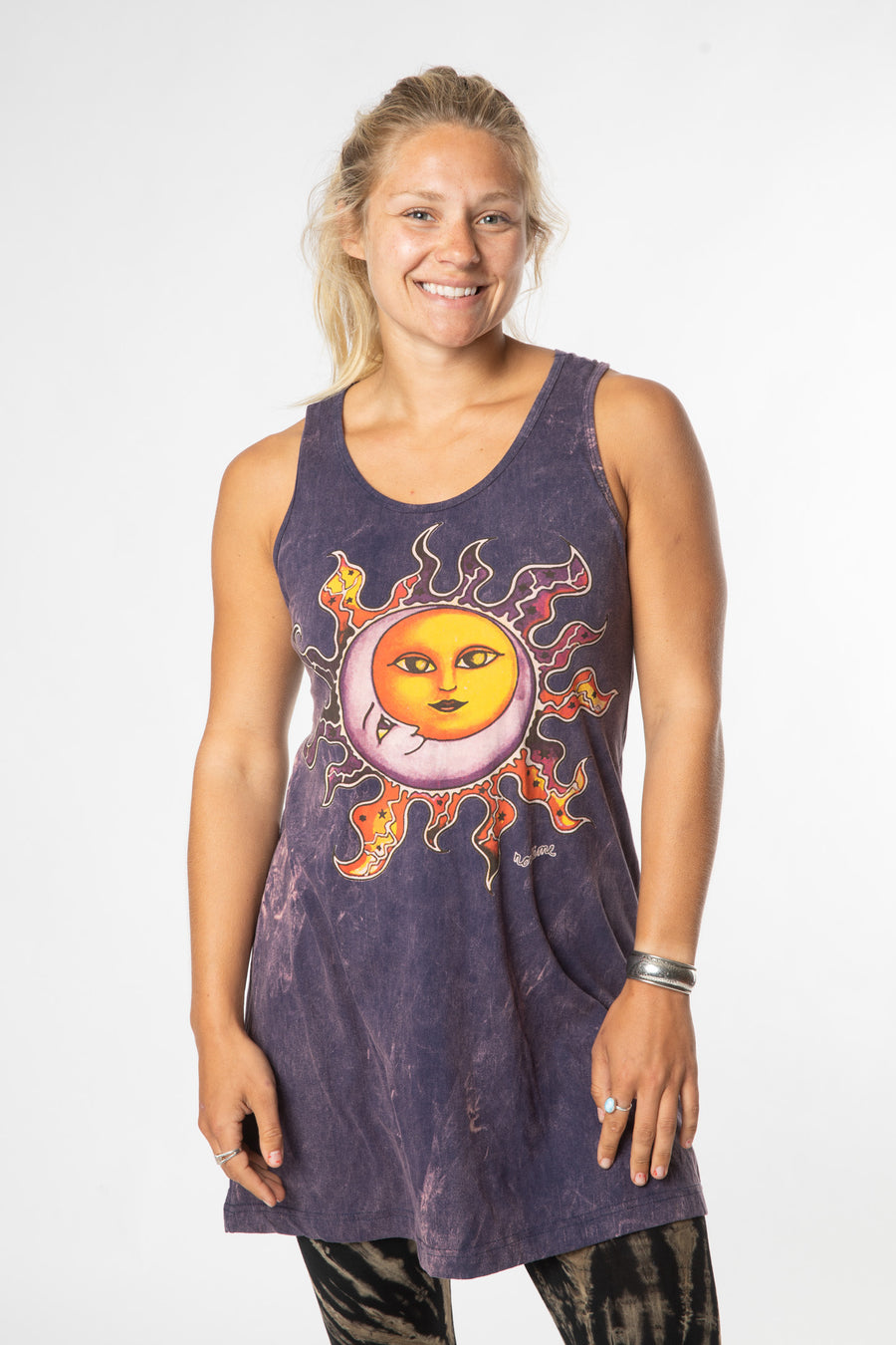 Sophie is wearing size M racerback sundress in purple lunar embrace