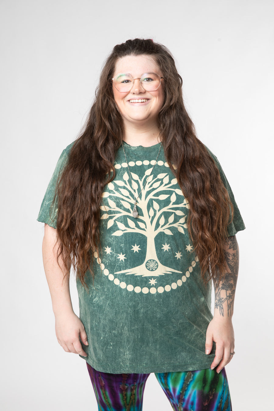 Desiree is wearing size L tree of life t shirt