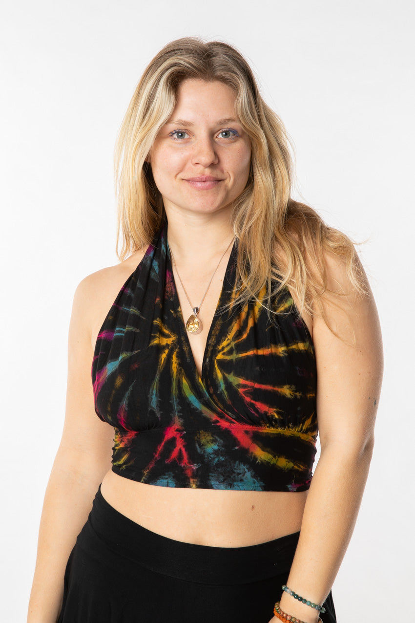 Sophie is wearing a tie dye halter top in black rainbow