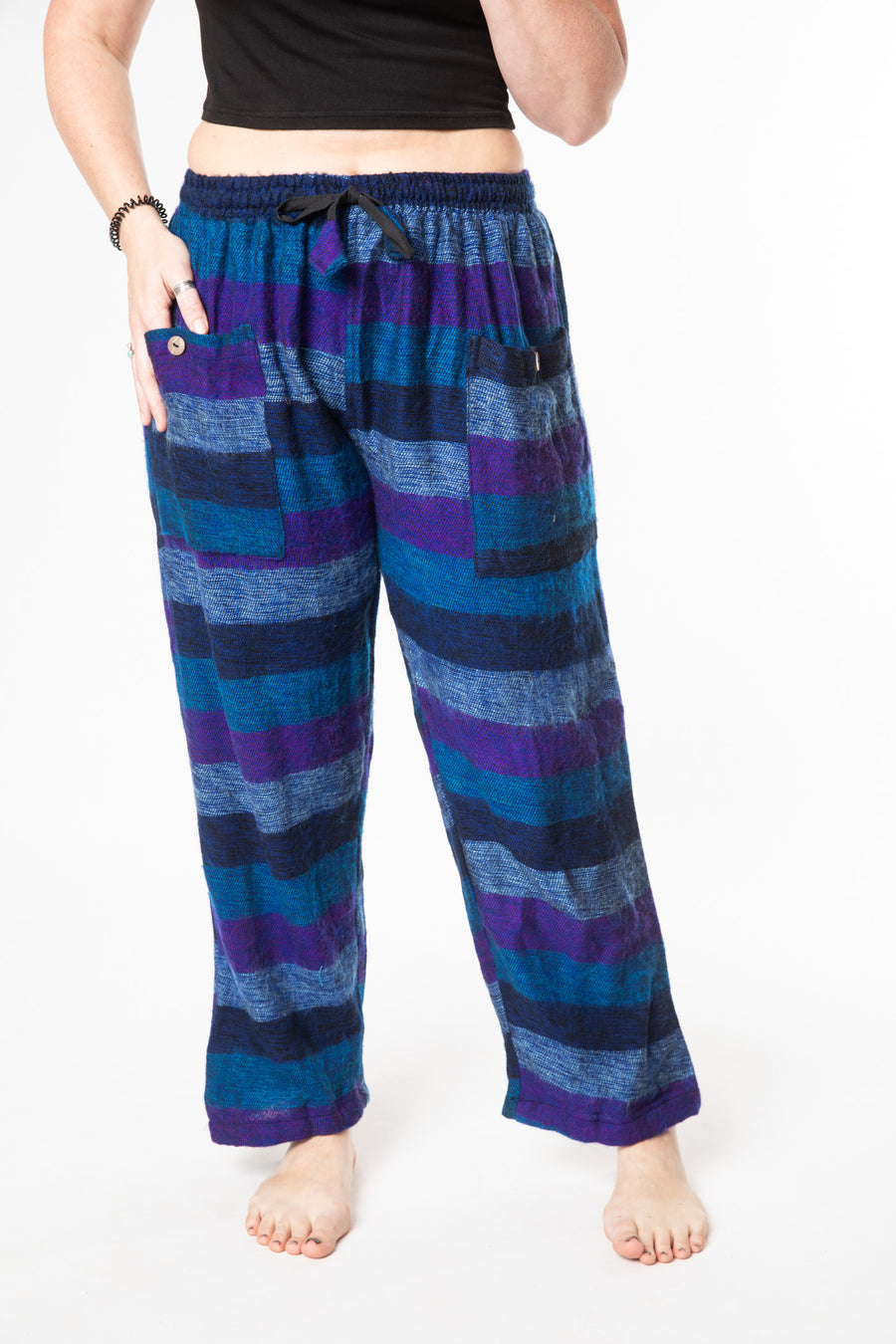 Margaret is wearing size M blanket pants in purple