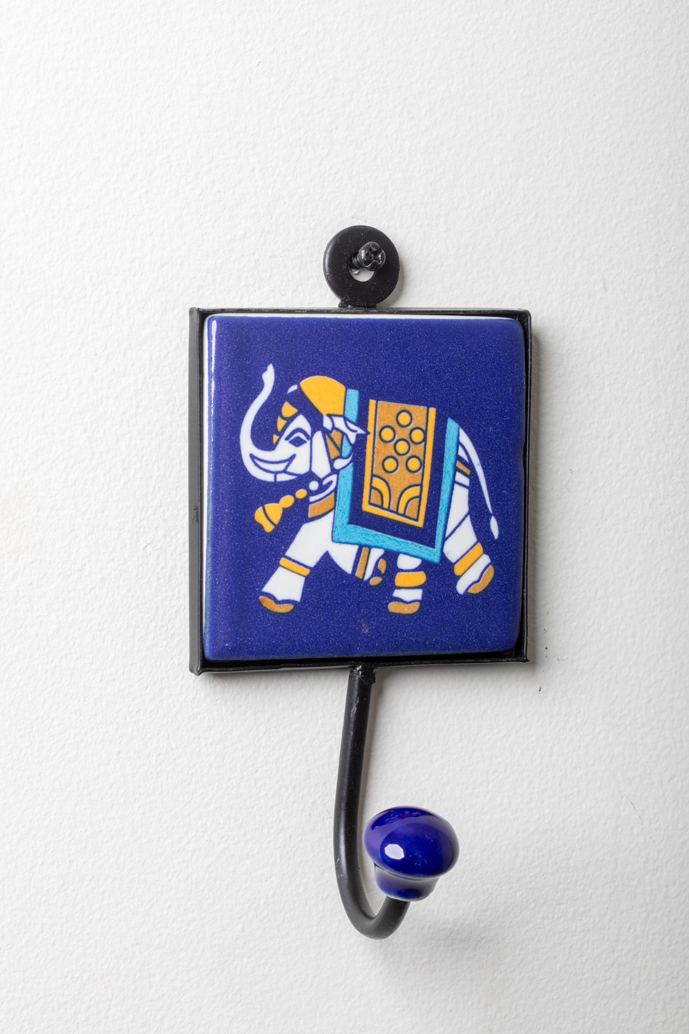 3x3 ceramic tile hook in blue and gold elephant