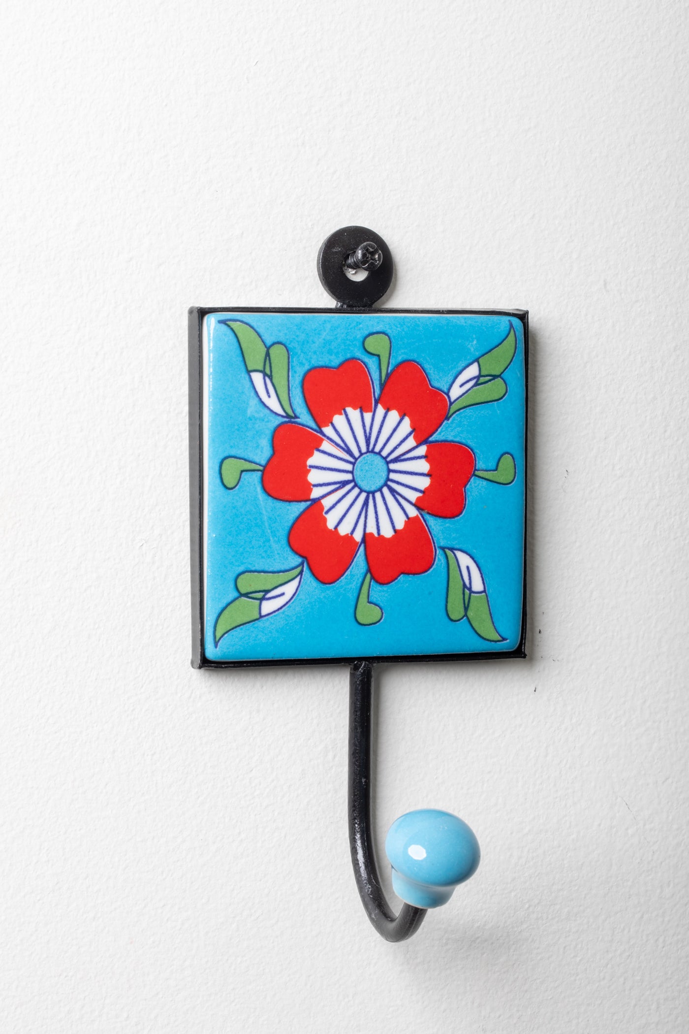 3x3 ceramic tile hook in turquoise and red primrose