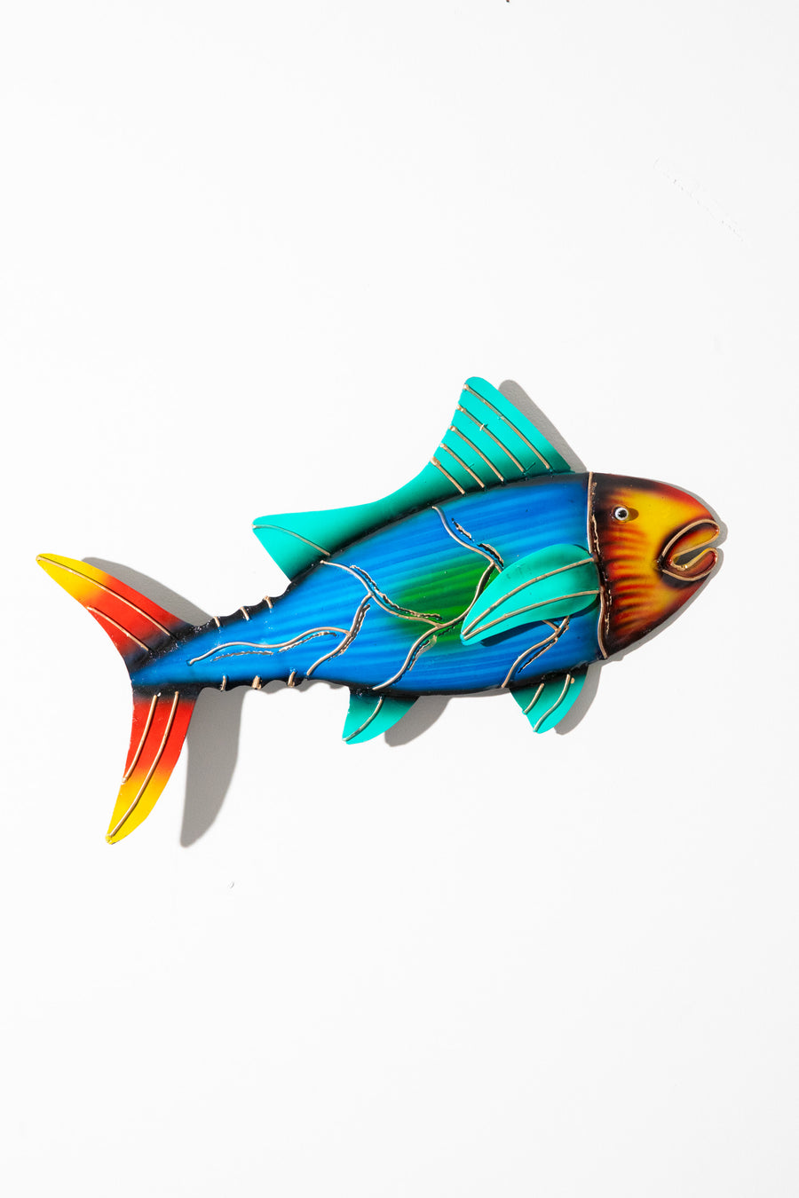 Painted tin fish wall art in blue