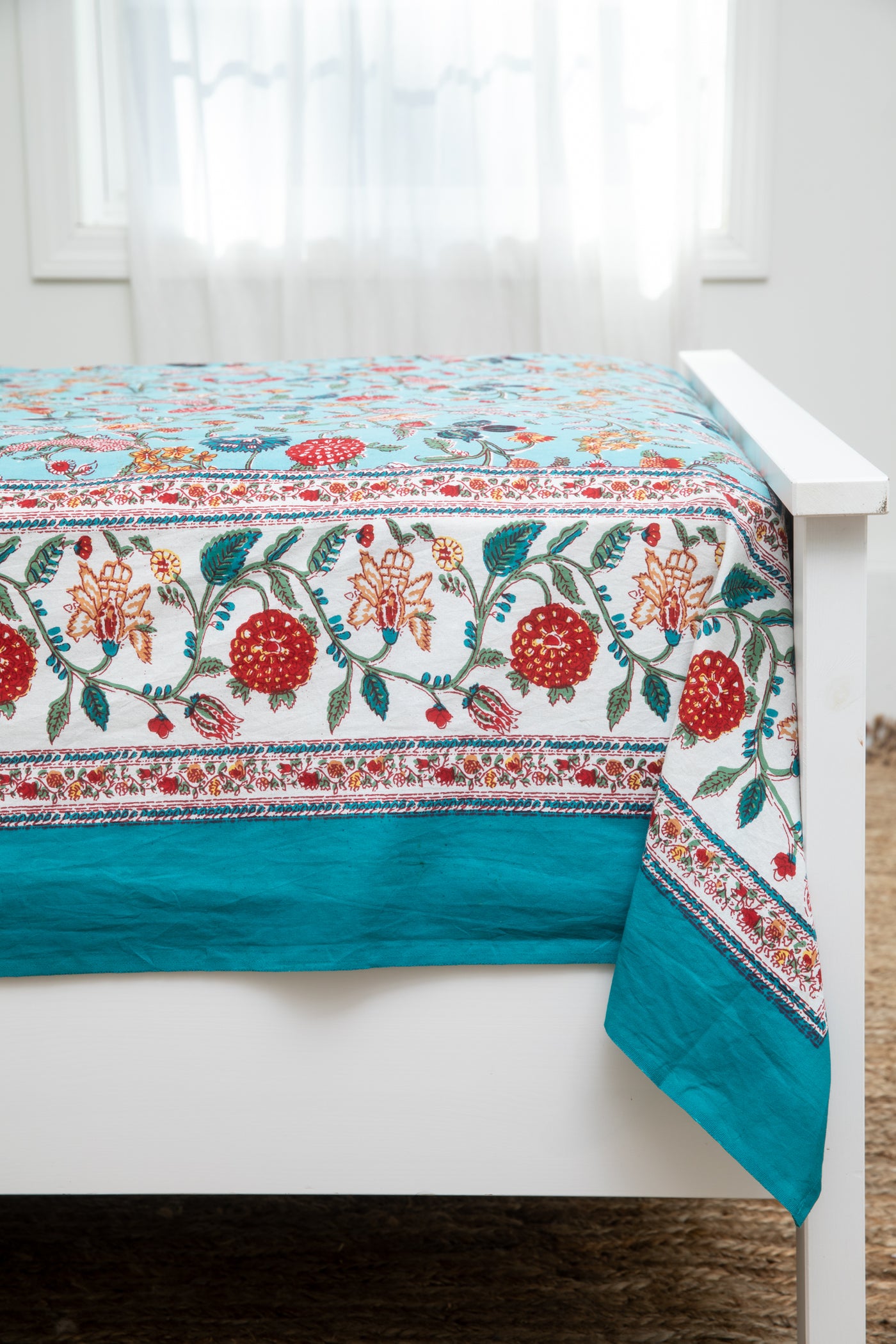 Flower Festival Provincial Block Print Tapestry in Turquoise | Mexicali Blues